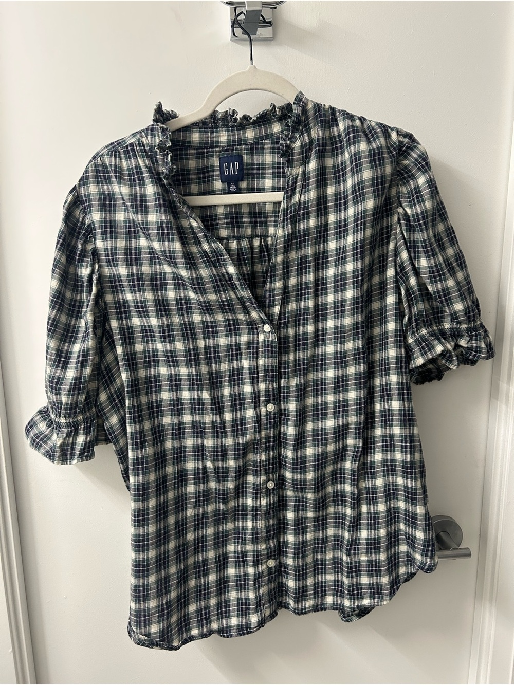 Plaid Ruffle Sleeve Button-Front Blouse - Picture 3 of 6